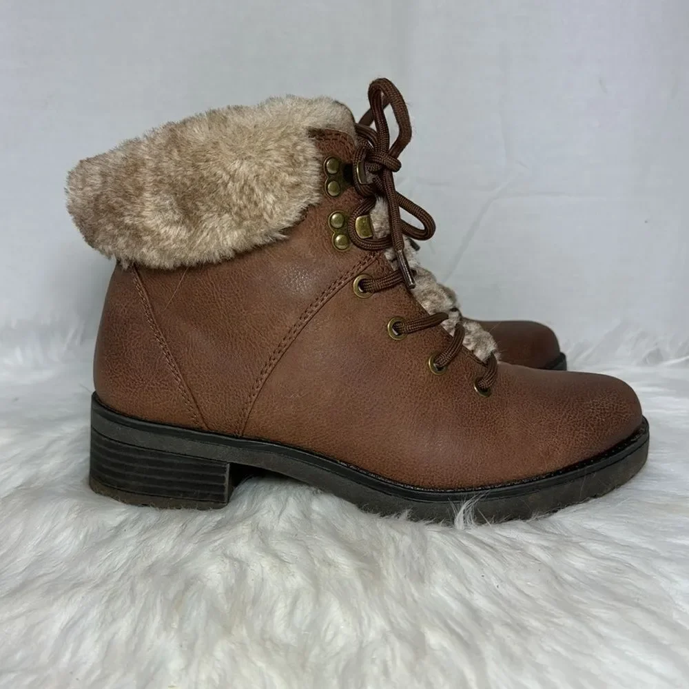 Soul By Naturalizer Quentin Brown Faux‎ Fur Lace Up Booties Sz 6